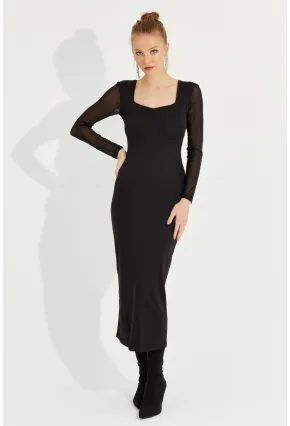 Kadın Siyah Kolları Tül Midi Elbise EY2599