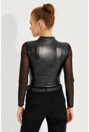 Kadın Siyah Kolları Tül Suni Deri Body NH74
