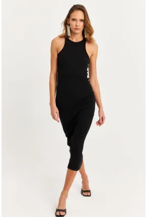 Kadın Siyah Kolsuz Kaşkorse Midi Elbise EY3049