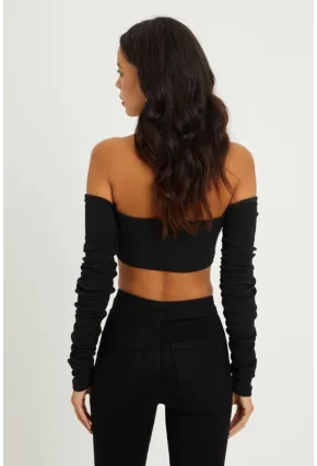 Kadın Siyah Kolu Büzgülü Crop Bluz B213
