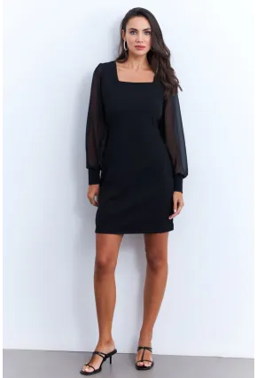 Kadın Siyah Kolu Tül Kare Yaka Midi Elbise ST841