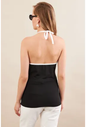 Kadın Siyah Kontrast Biyeli V Yaka Bluz EY3103