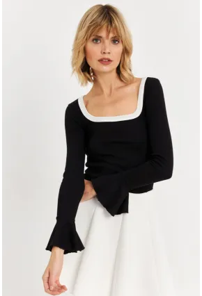 Kadın Siyah Kontrast Yaka İspanyol Kol Bluz ALB3105