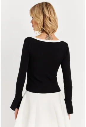 Kadın Siyah Kontrast Yaka İspanyol Kol Bluz ALB3105