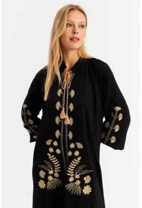 Kadın Siyah Kordon Detaylı Nakışlı Maxi Elbise MALO3