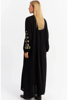 Kadın Siyah Kordon Detaylı Nakışlı Maxi Elbise MALO3