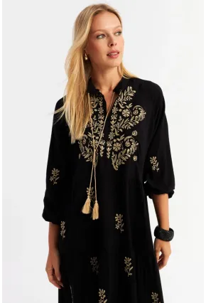 Kadın Siyah Kordon Detaylı Nakışlı Maxi Elbise MALO5