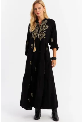 Kadın Siyah Kordon Detaylı Nakışlı Maxi Elbise MALO5