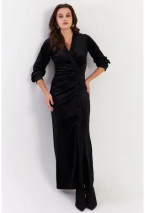 Kadın Siyah Kruvaze Büzgülü Kadife Maxi Elbise ALO1007