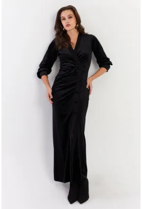 Kadın Siyah Kruvaze Büzgülü Kadife Maxi Elbise ALO1007