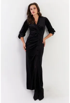Kadın Siyah Kruvaze Büzgülü Kadife Maxi Elbise ALO1007-9