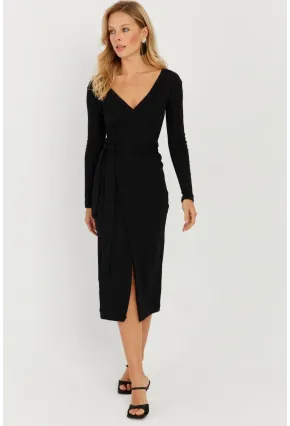 Kadın Siyah Kruvaze Kaşkorse Midi Elbise EY2703