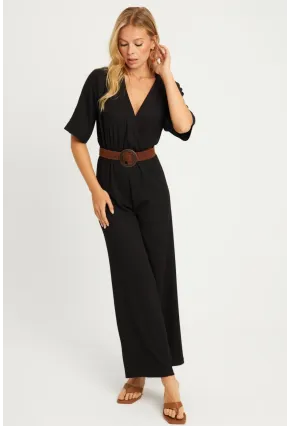 Kadın Siyah Kruvaze Kemerli Bürümcük Tulum XL2009