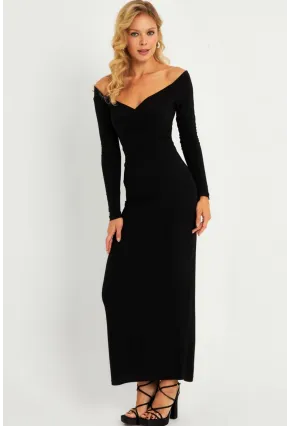 Kadın Siyah Kruvaze Midi Yılbaşı Elbise LİK04