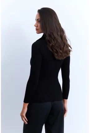 Kadın Siyah Kürk Yaka Bluz ELA115