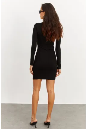 Kadın Siyah Kuşgözlü Pencereli Midi Elbise B1548