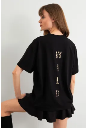 Kadın Siyah Leopar Baskılı T-Shirt RLO110