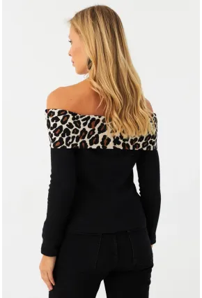 Kadın Siyah Leopar Bloklu Madonna Bluz AYD396
