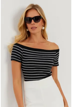 Kadın Siyah Madonna Yaka Çizgili Kaşkorse Bluz AYD311