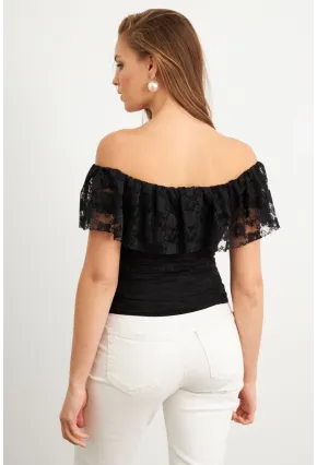 Kadın Siyah Madonna Yaka Dantel Bluz MTK13549