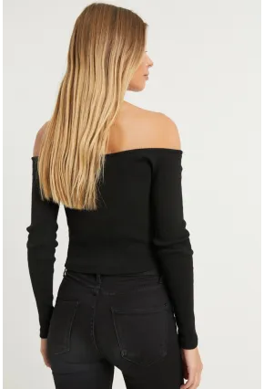 Kadın Siyah Madonna Yaka Fermuarlı Kaşkorse Bluz B1402