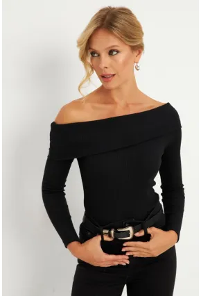 Kadın Siyah Madonna Yaka Kaşkorse Bluz XL2210