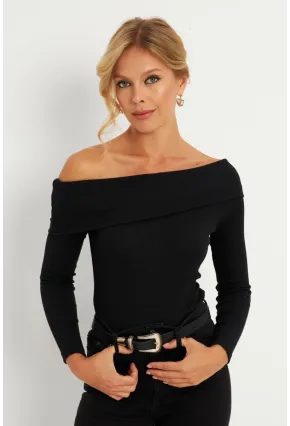 Kadın Siyah Madonna Yaka Kaşkorse Bluz XL2210