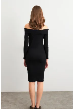 Kadın Siyah Madonna Yaka Kaşkorse Midi Elbise ALB3690