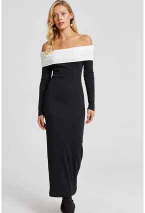 Kadın Siyah Madonna Yaka Maxi Elbise EY2696