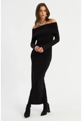 Kadın Siyah Madonna Yaka Maxi Elbise LİK10