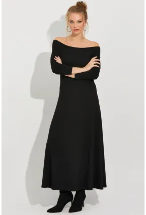Kadın Siyah Madonna Yaka Midi Elbise BK272076