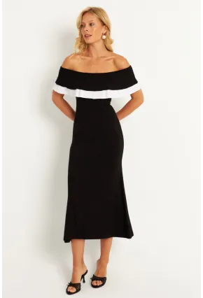 Kadın Siyah Madonna Yaka Midi Elbise EY2840