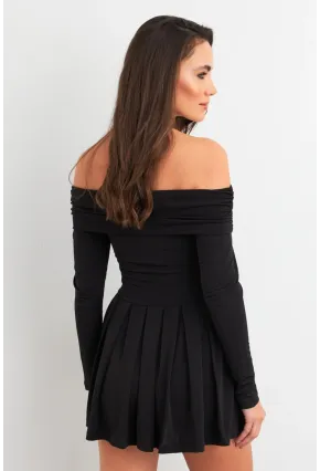 Kadın Siyah Madonna Yaka Midi Elbise MON1262