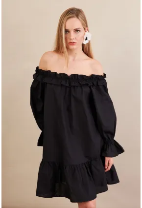 Kadın Siyah Madonna Yaka Midi Elbise PSG1012