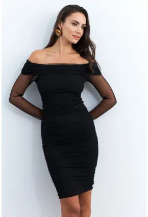 Kadın Siyah Madonna Yaka Midi Tül Yılbaşı Elbise ELT4033