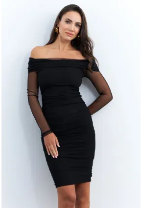 Kadın Siyah Madonna Yaka Midi Tül Yılbaşı Elbise ELT4033