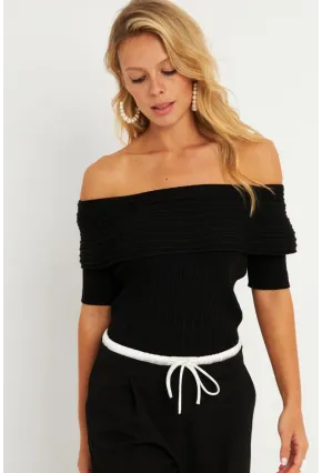 Kadın Siyah Madonna Yaka Triko Bluz KZ538