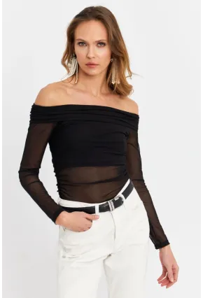 Kadın Siyah Madonna Yaka Tül Bluz MTK13241