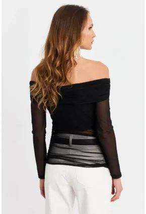 Kadın Siyah Madonna Yaka Tül Bluz MTK13241