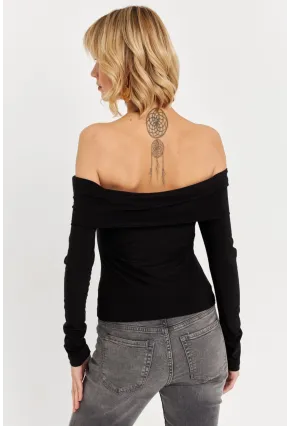 Kadın Siyah Madonna Yaka Yırtmaçlı Crop Bluz ELT4034