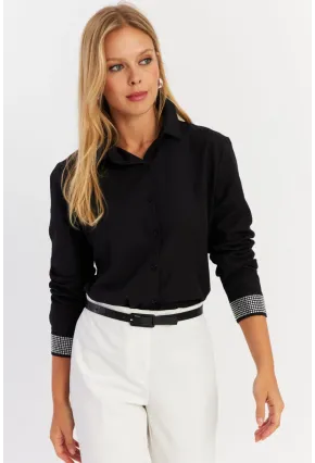 Kadın Siyah Manşeti Taşlı Gömlek MZER415