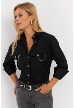 Kadın Siyah Metal Detaylı Gömlek ASF13