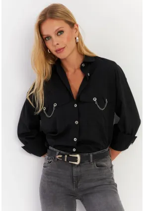Kadın Siyah Metal Detaylı Gömlek ASF13
