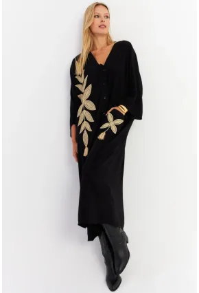 Kadın Siyah Nakışlı Cepli Maxi Elbise MALO13