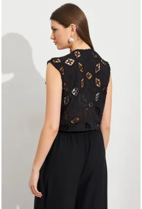 Kadın Siyah Nakışlı Crop Yelek ZH110