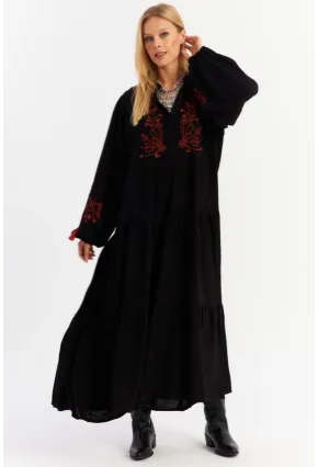 Kadın Siyah Nakışlı Volanlı Maxi Elbise MALO2