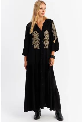 Kadın Siyah Nakışlı Volanlı Maxi Elbise MALO7