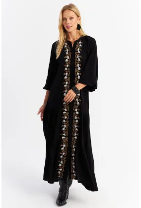 Kadın Siyah Nakışlı Volanlı Maxi Elbise MALO8