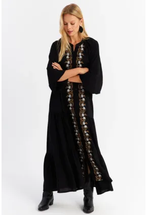 Kadın Siyah Nakışlı Volanlı Maxi Elbise MALO8