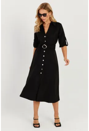 Kadın Siyah Nubuk Midi Gömlek Elbise KED4023